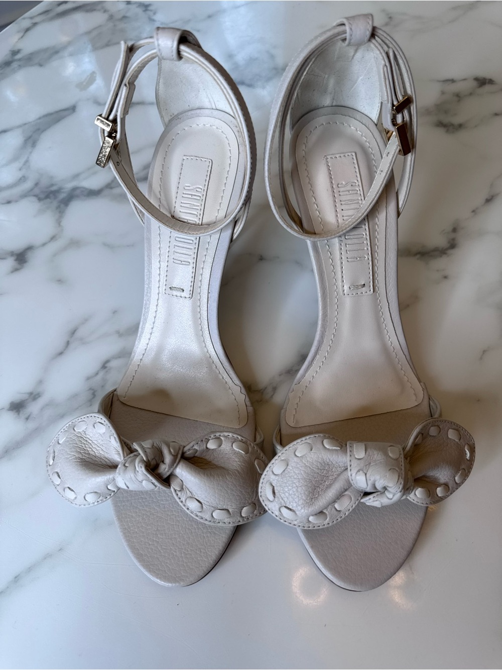 Knot-Bow Ankle-Strap Heels in Cream